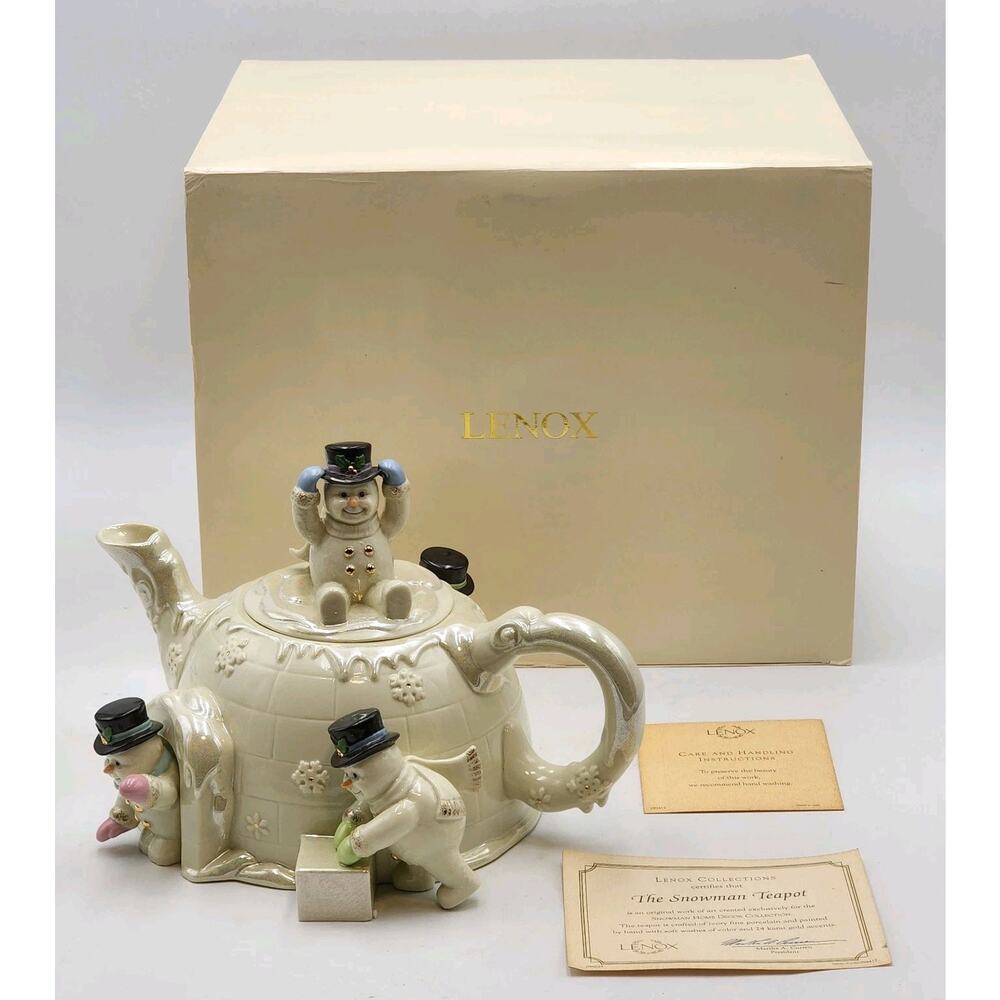 Lenox The Snowman Teapot 2002 Ivory Porcelain 24 Karot Gold Accents Original Box